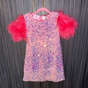 Lola + The Boys Pink Sequin Dress with Red Feather Accents
